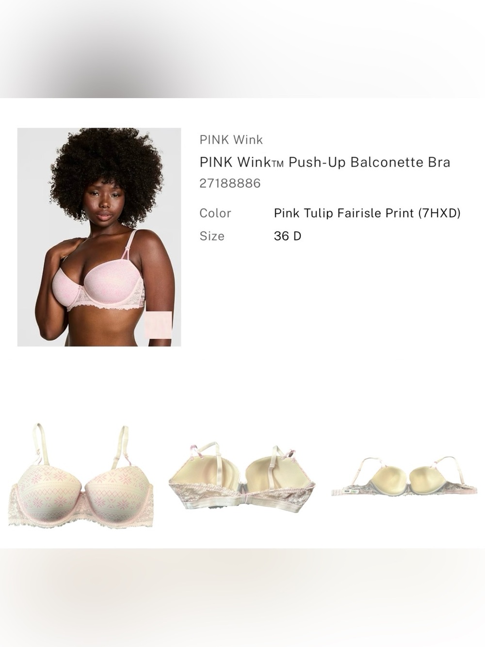PINK Victoria's Secret Pink Tulip Fairisle Push-Up Balconette Bra - 36D